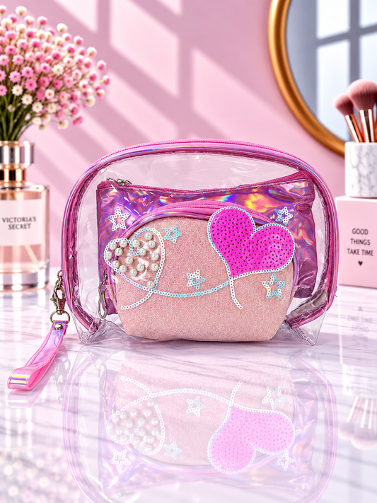Sequined Heart & Pearls 3-in-1 Cosmetic Organizer