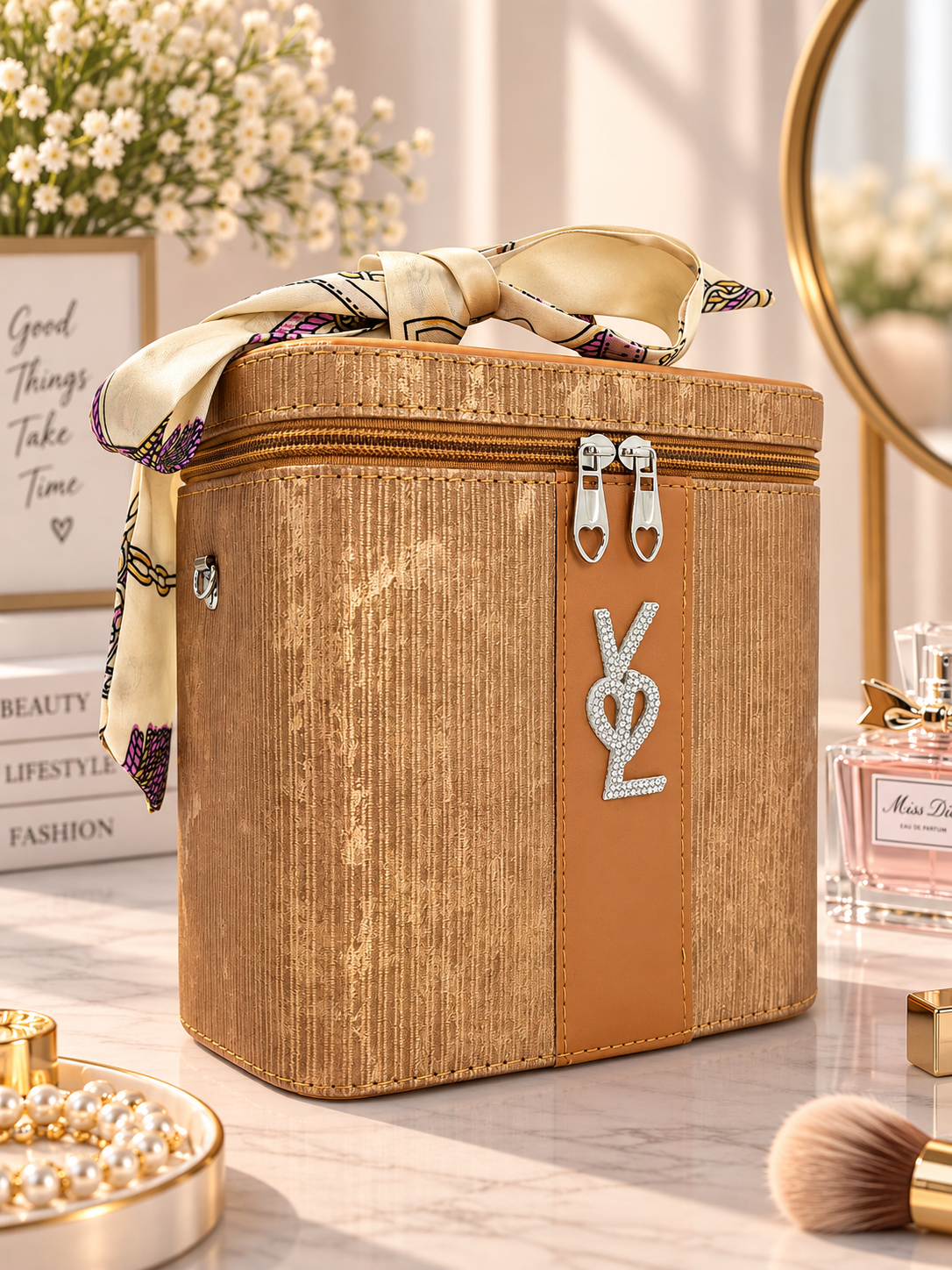 Ribbed Vanity Beauty Box with Scarf Accent