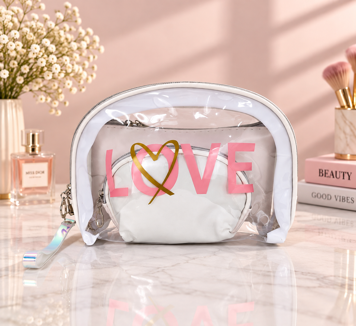 Clear white LOVE 2-in-1 cosmetic organizer set with two zip makeup pouches