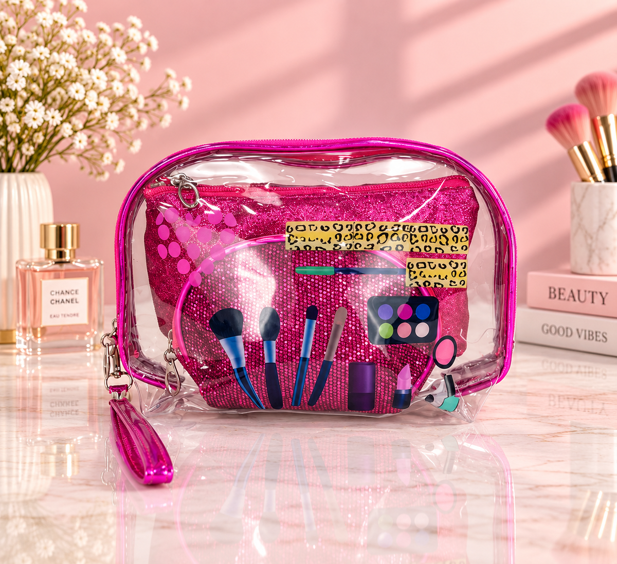 Transparent Makeup Tools & Glam Print 2-in-1 Cosmetic Organizer / Pouch Set