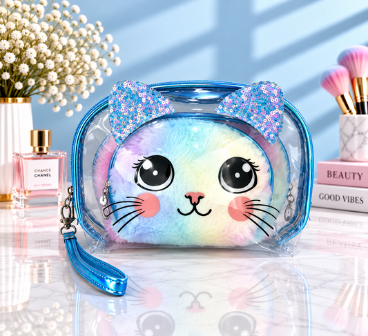 Fluffy Kitty Cat Face with Sequins Ears Clear 2-in-1 Cosmetic Organizer / Pouch Set