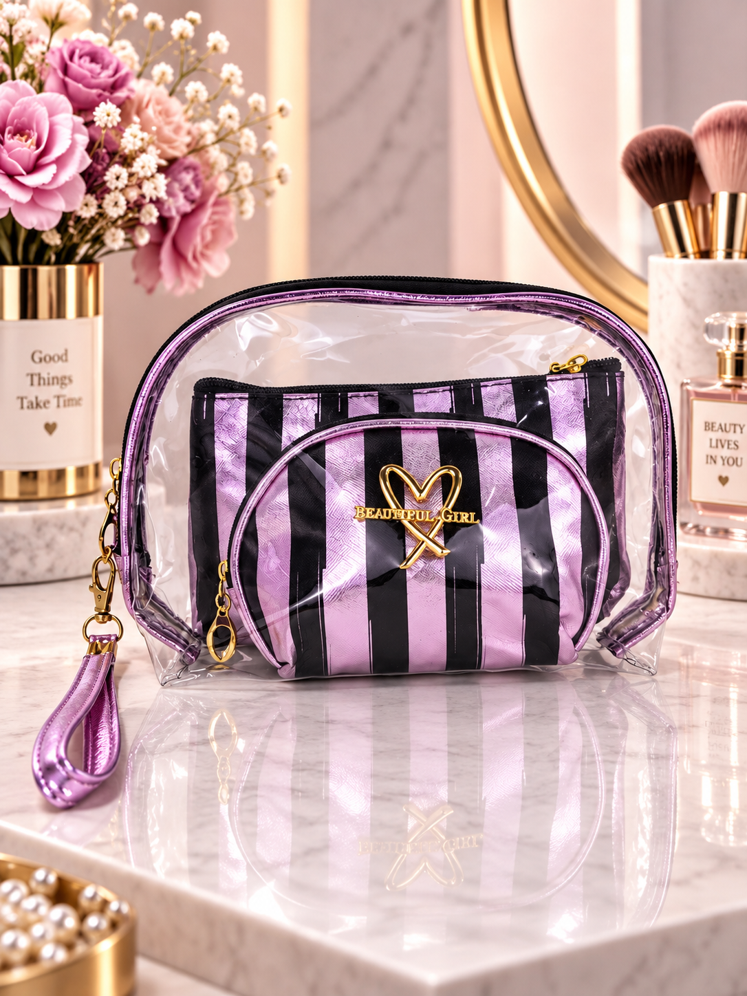 Lavender & black striped 2-in-1 cosmetic organizer set, clear pouches with heart logo