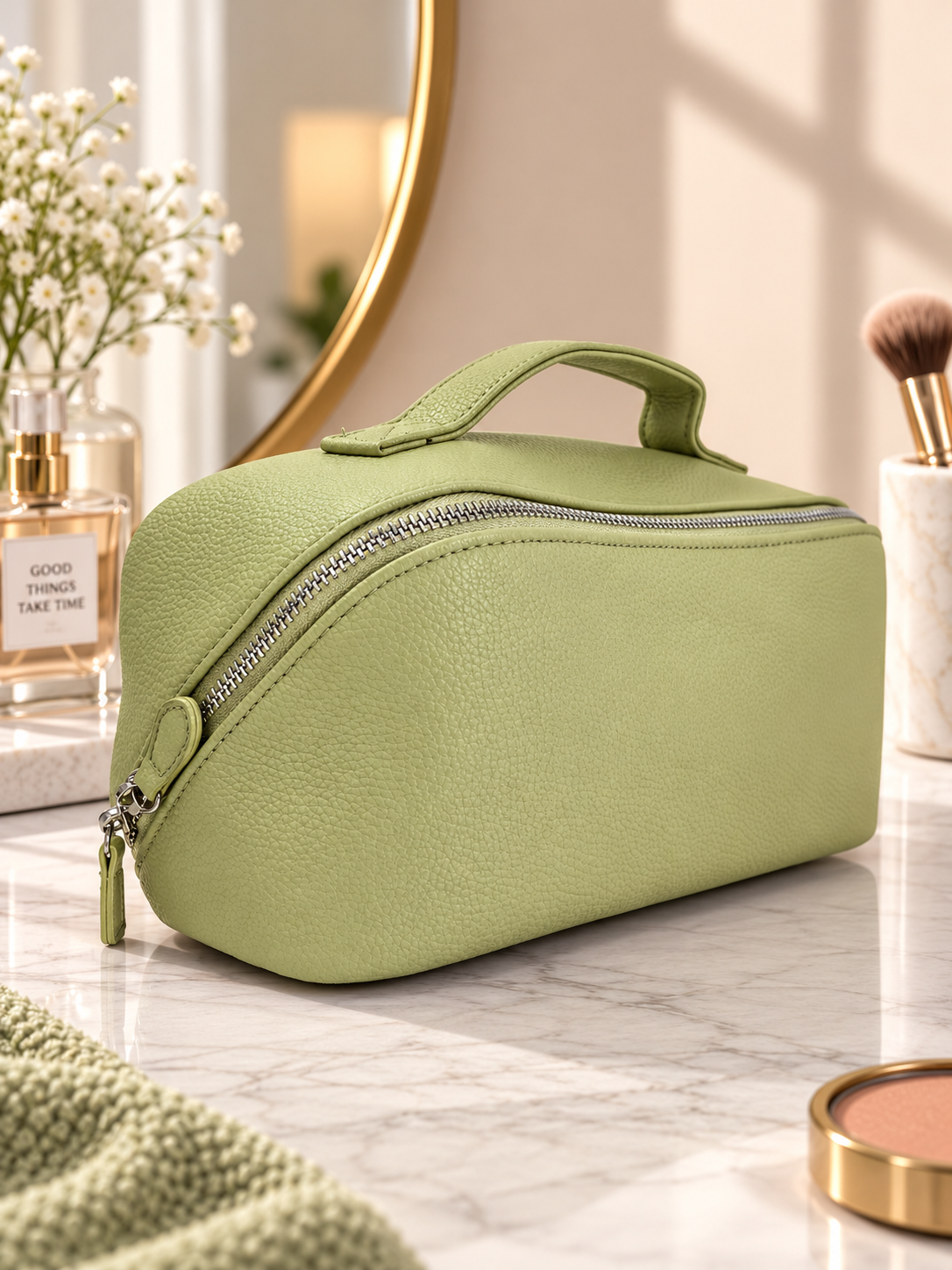 Green pebble-textured toiletry pouch with top handle and silver-tone zipper closure.