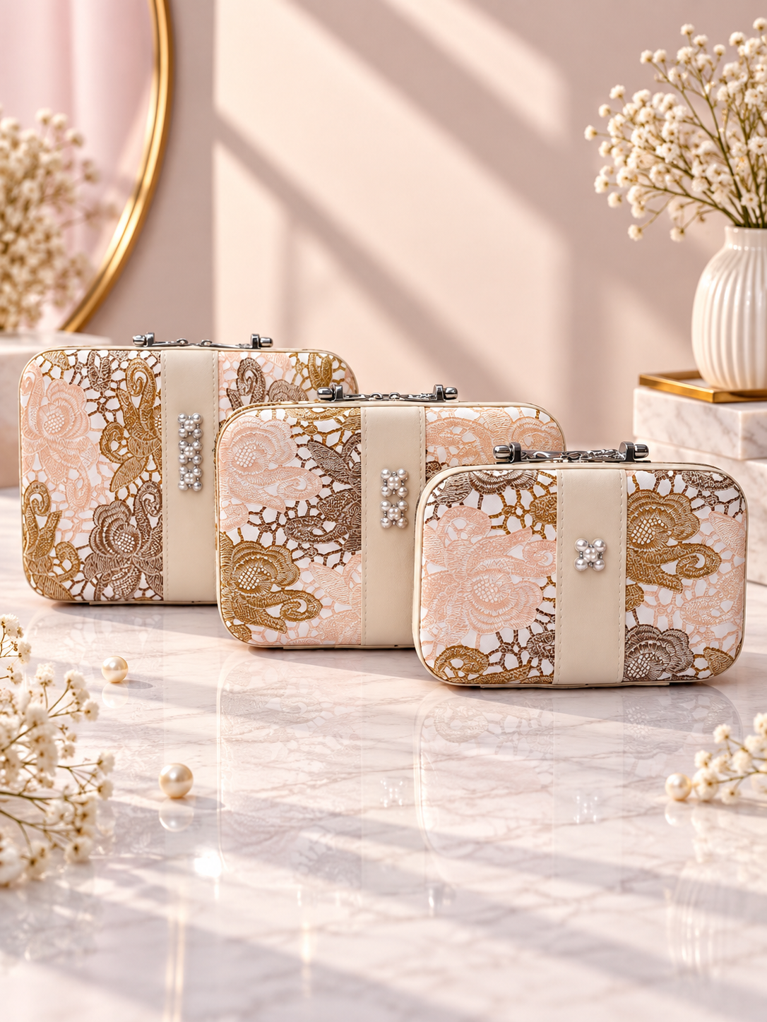 3-piece lace floral vanity case set in beige and peach with silver clasp