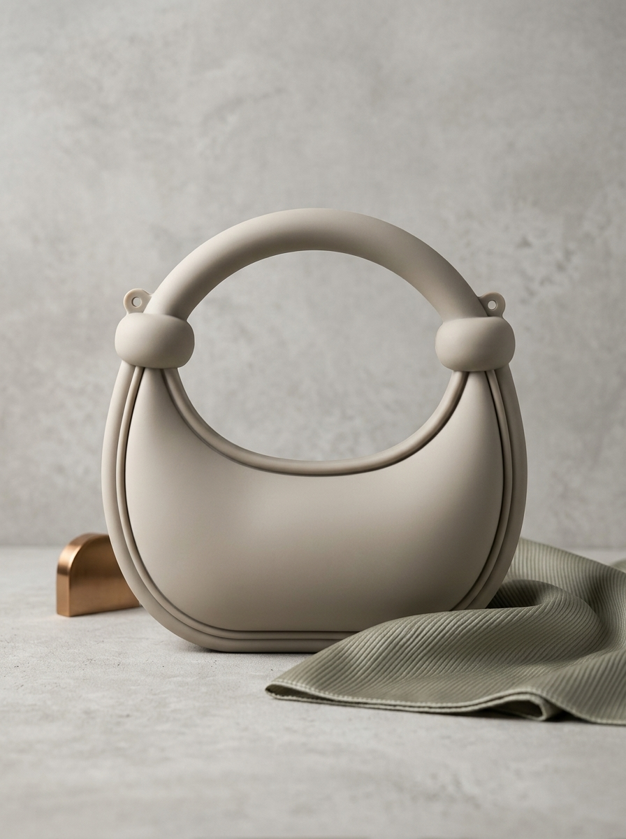 Beige matte silicone crescent handbag with rounded ring handles and knotted accents