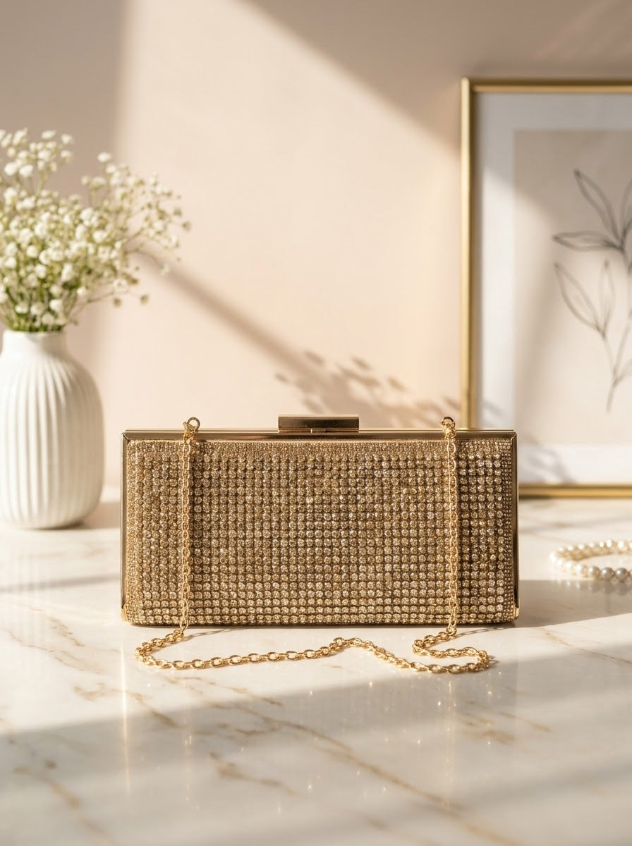 Rectangular crystal pavé evening clutch in champagne gold with chain strap