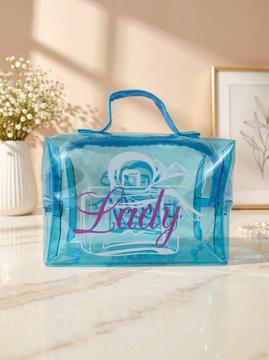 Blue transparent cosmetic pouch with handle and “Laidy” graphic print