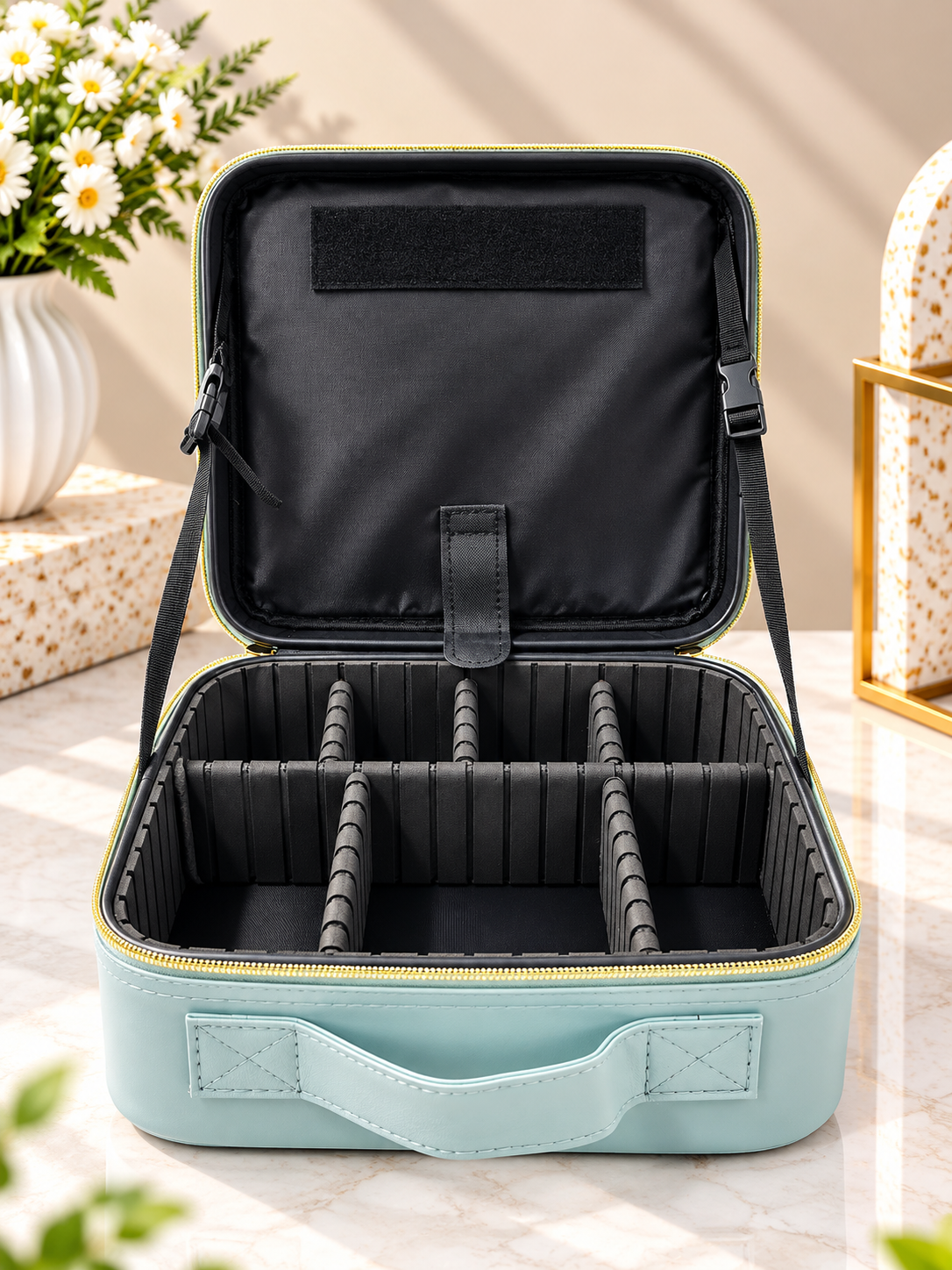 Aqua makeup organizer case with front zip open, black compartments, and carry handle