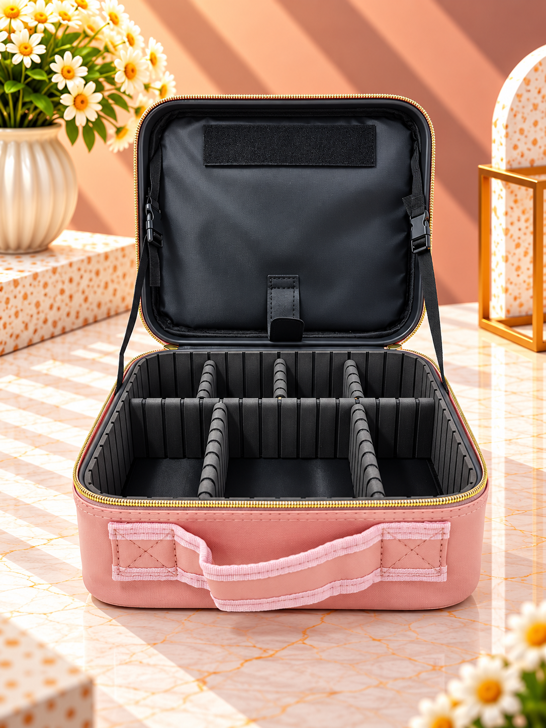 Rose-pink makeup organizer case open, showing black interior trays and organizer slots
