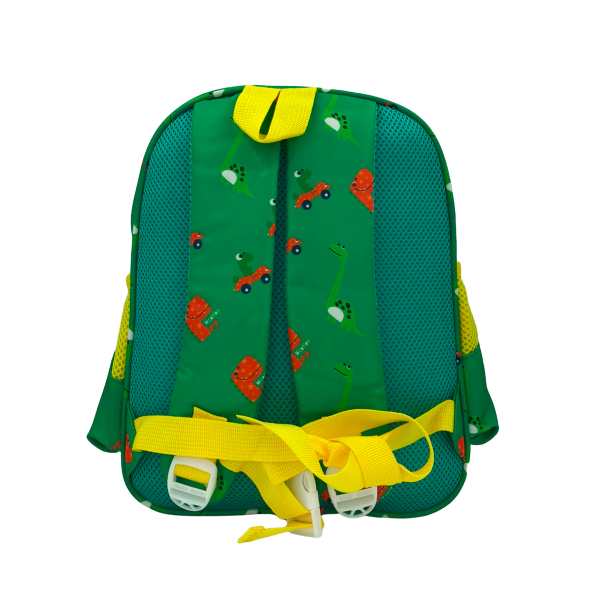 Green kids backpack with dinosaur pattern, yellow straps, and mesh back panel