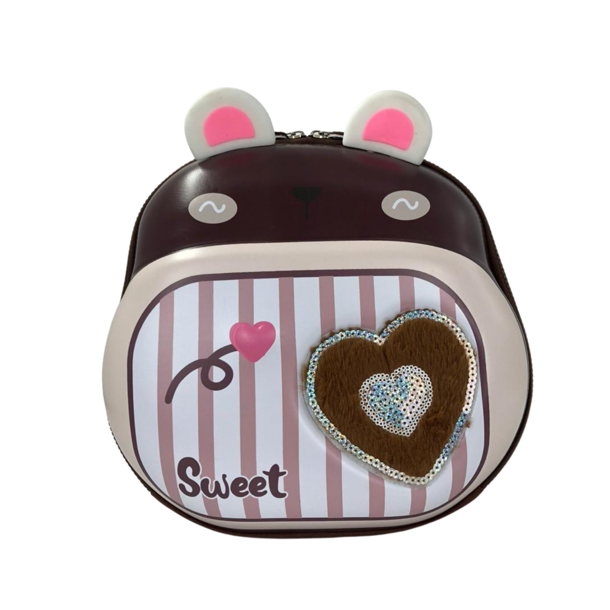 Kids lunch bag with bear ears, dark brown body, striped front window, brown-and-blue heart patch