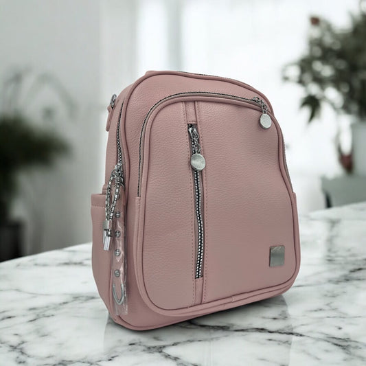 Pebbled Faux Leather Casual Backpack with Vertical Front Zipper Pocket - Dusty Rose