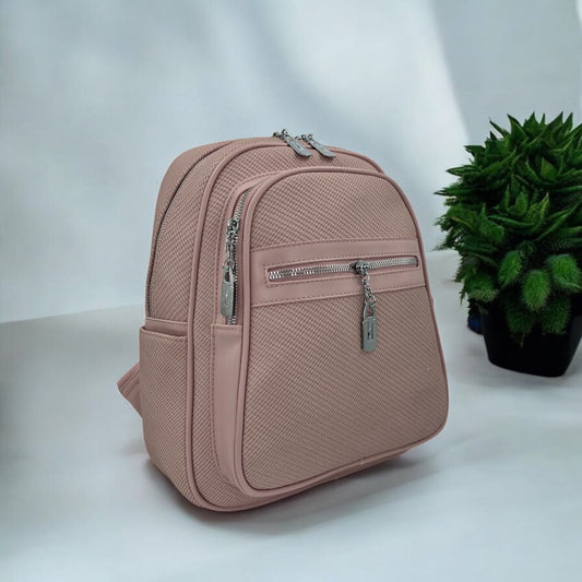 Textured Faux Leather Casual Backpack with Front Zipper Pocket & Lock Charm - Dusty Rose