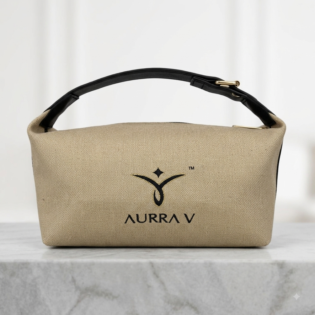 Beige canvas cosmetic pouch with black handle strap and gold AURRA V logo