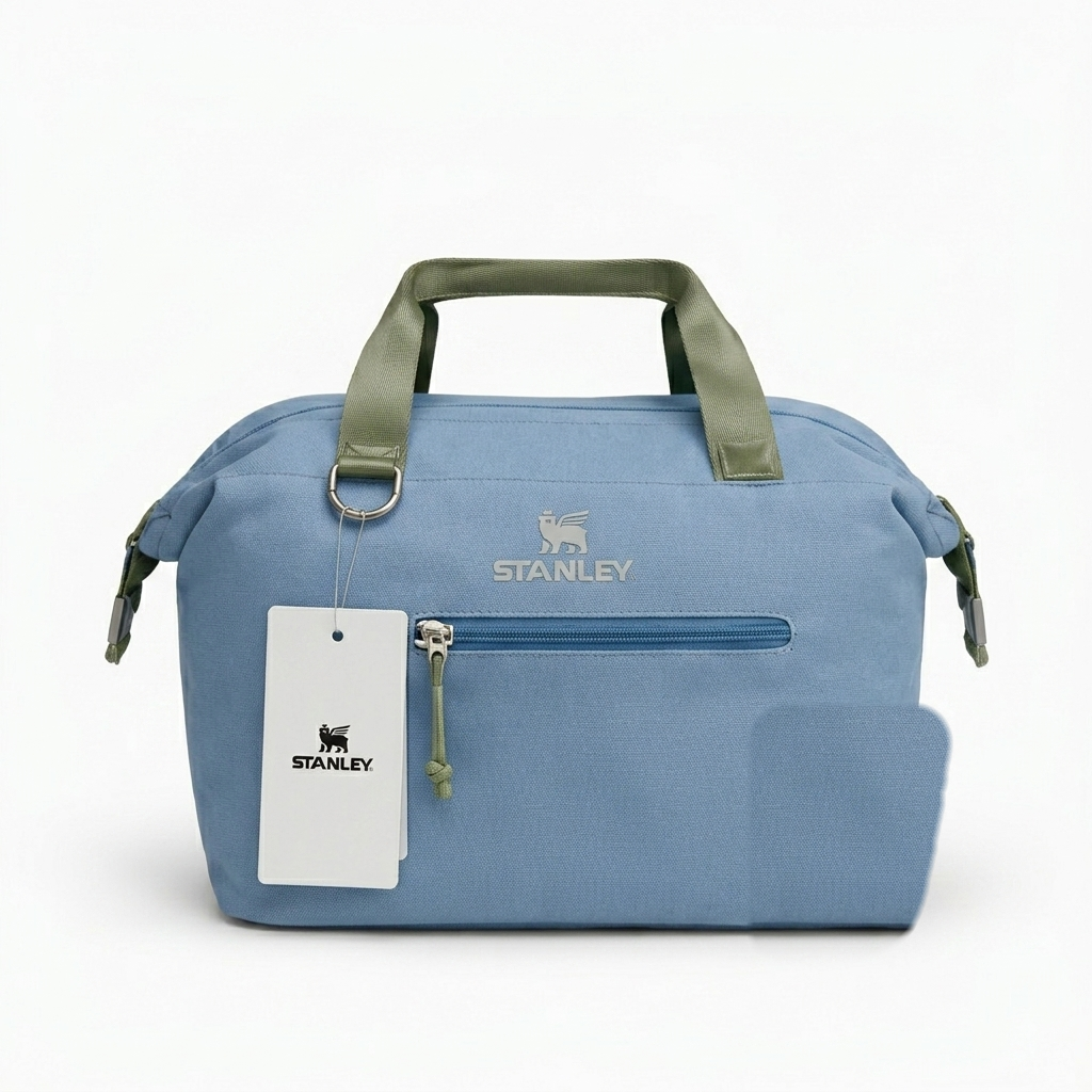 Insulated carry-all cooler bag, light blue with front zipper pocket and top carry handle