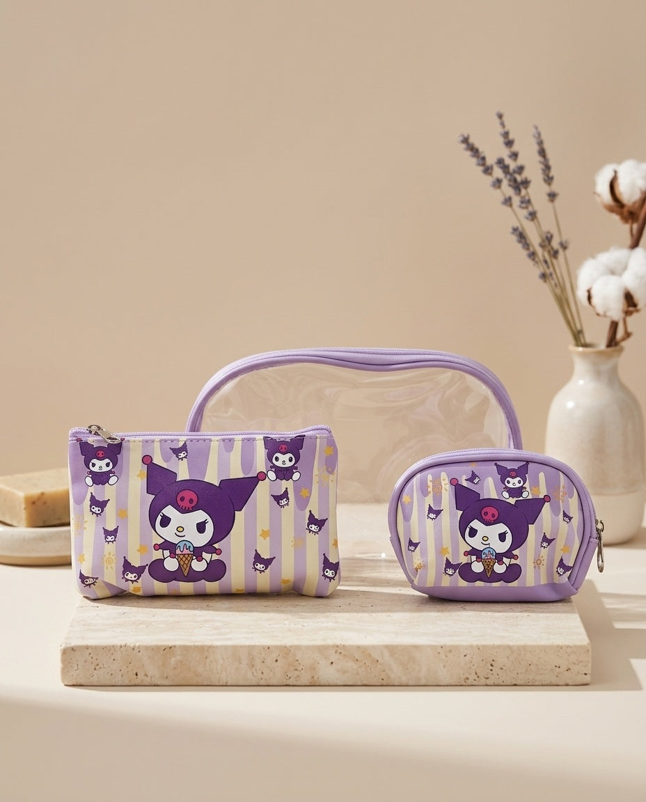 Nested clear cosmetic pouch set with Kuromi print in lavender and purple, two-piece
