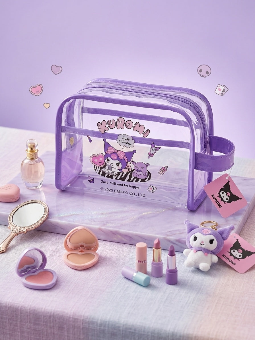 Kuromi clear cosmetic pouch with purple zipper, character graphic, wrist strap