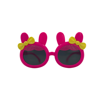 Kids' bunny-ear party sunglasses, pink frames with yellow bow and round dark lenses