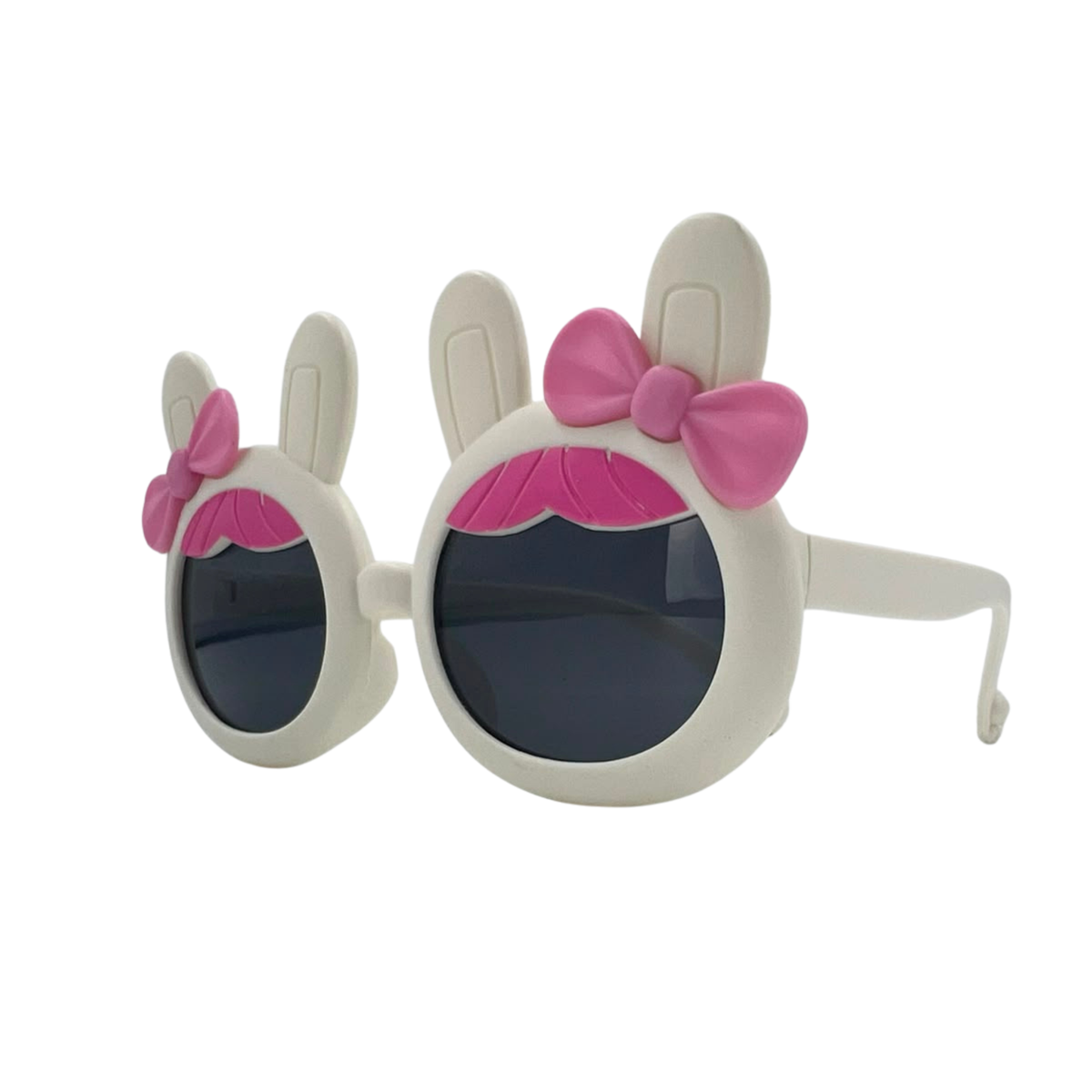 Kids bunny-ear bow sunglasses, white frames with pink bow, dark lenses