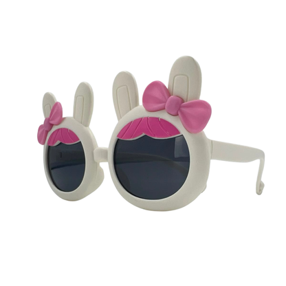 Kids bunny-ear bow sunglasses, white frames with pink bow, dark lenses