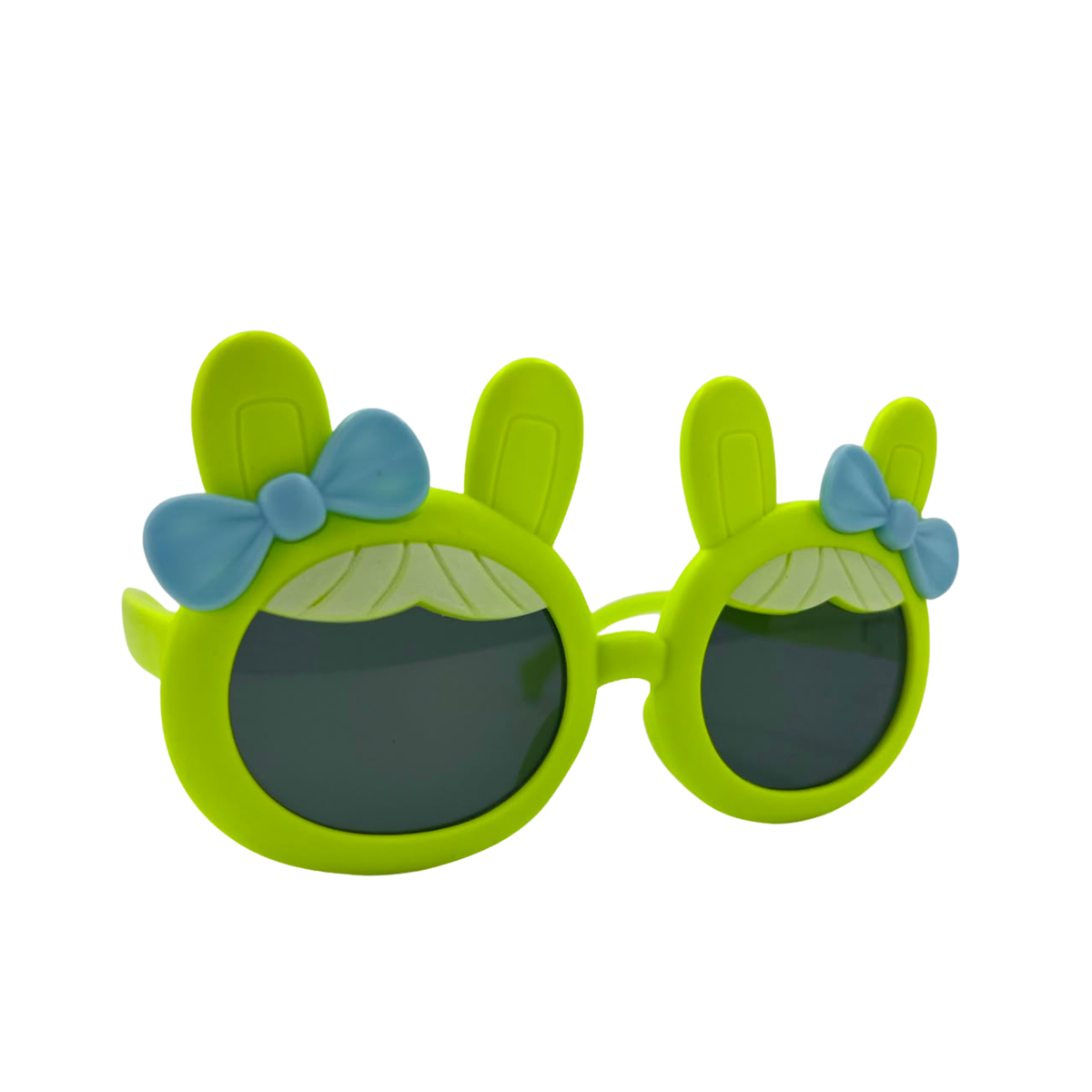 Kids bunny-ear bow sunglasses, lime green with light blue bow, dark lenses