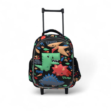 12-inch kids rolling backpack featuring large dinosaur graphic and front zipper pocket.