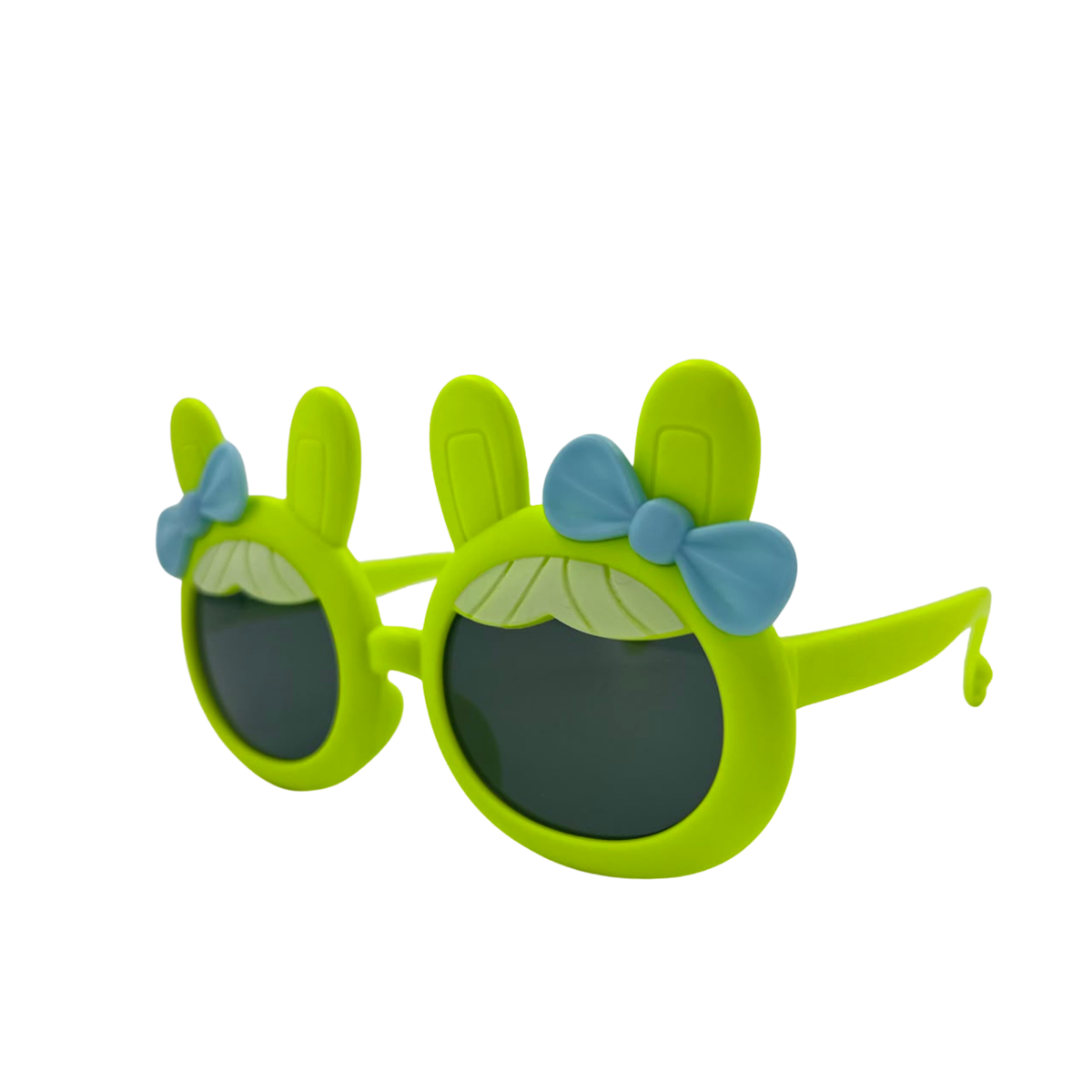 Kids bunny-ear bow sunglasses, lime green with blue bow, dark round lenses
