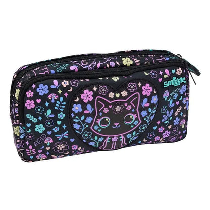 Dark purple pencil case with zipper, cute cat and flower print