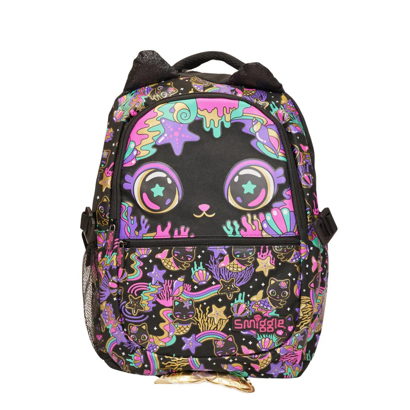 16-inch cat-themed backpack, black with colorful cat faces and front pocket