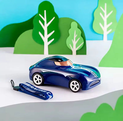Blue car-shaped sipper bottle with black lid