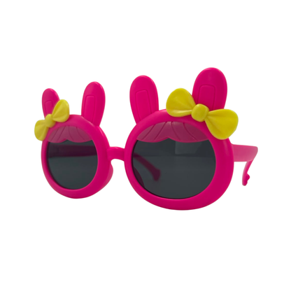 Kids' bunny-ear party sunglasses, pink frames with yellow bow and dark lenses