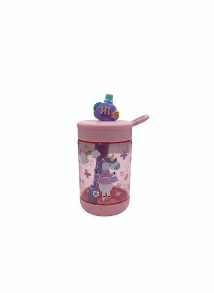 Pink unicorn sipper cup with straw and unicorn pattern, side view