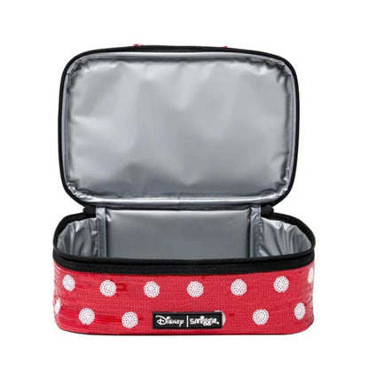 Red Minnie lunch bag with white polka dots, open top, gray insulated interior