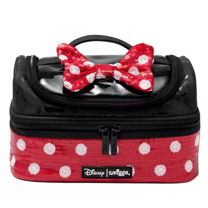 Red Minnie lunch bag with white polka dots, black trim, and red bow handle