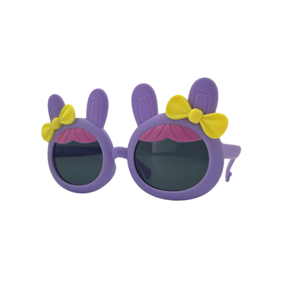 Kids' bunny-ear party sunglasses, purple frames with yellow bow and dark lenses