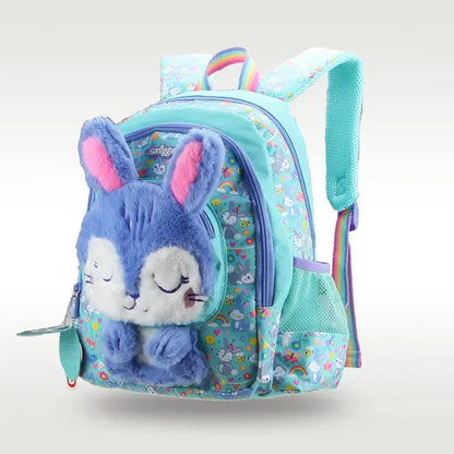 Light blue plush backpack with bunny face applique and turquoise shoulder straps