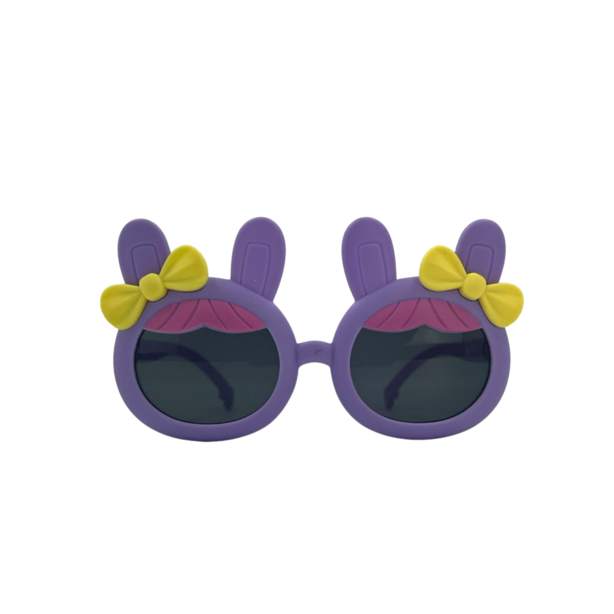 Kids bunny-ear bow sunglasses, purple frames with yellow bow, dark lenses