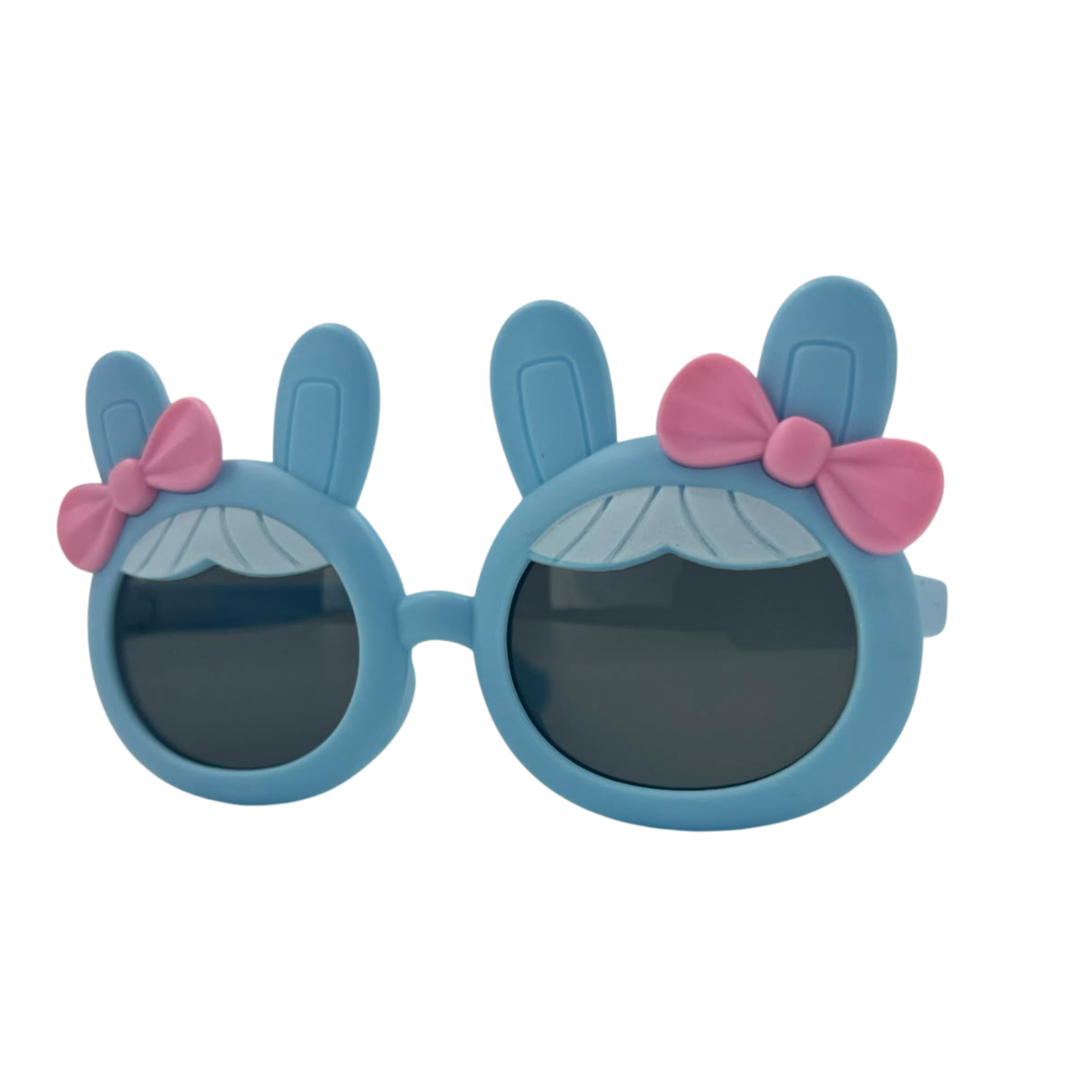 Kids bunny-ear bow sunglasses, light blue frames with pink bow, dark lenses