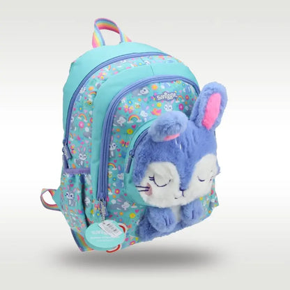 Light blue plush backpack with bunny face applique, rainbow handle, front zip