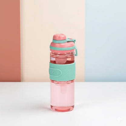 Pink and teal insulated water bottle with lid and locking carry strap
