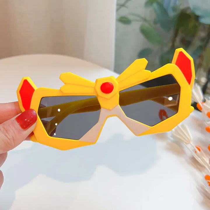 Kids shield sunglasses, yellow frame with red accents and dark lenses