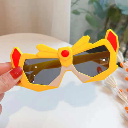 Kids shield sunglasses, yellow frame with red accents and dark lenses
