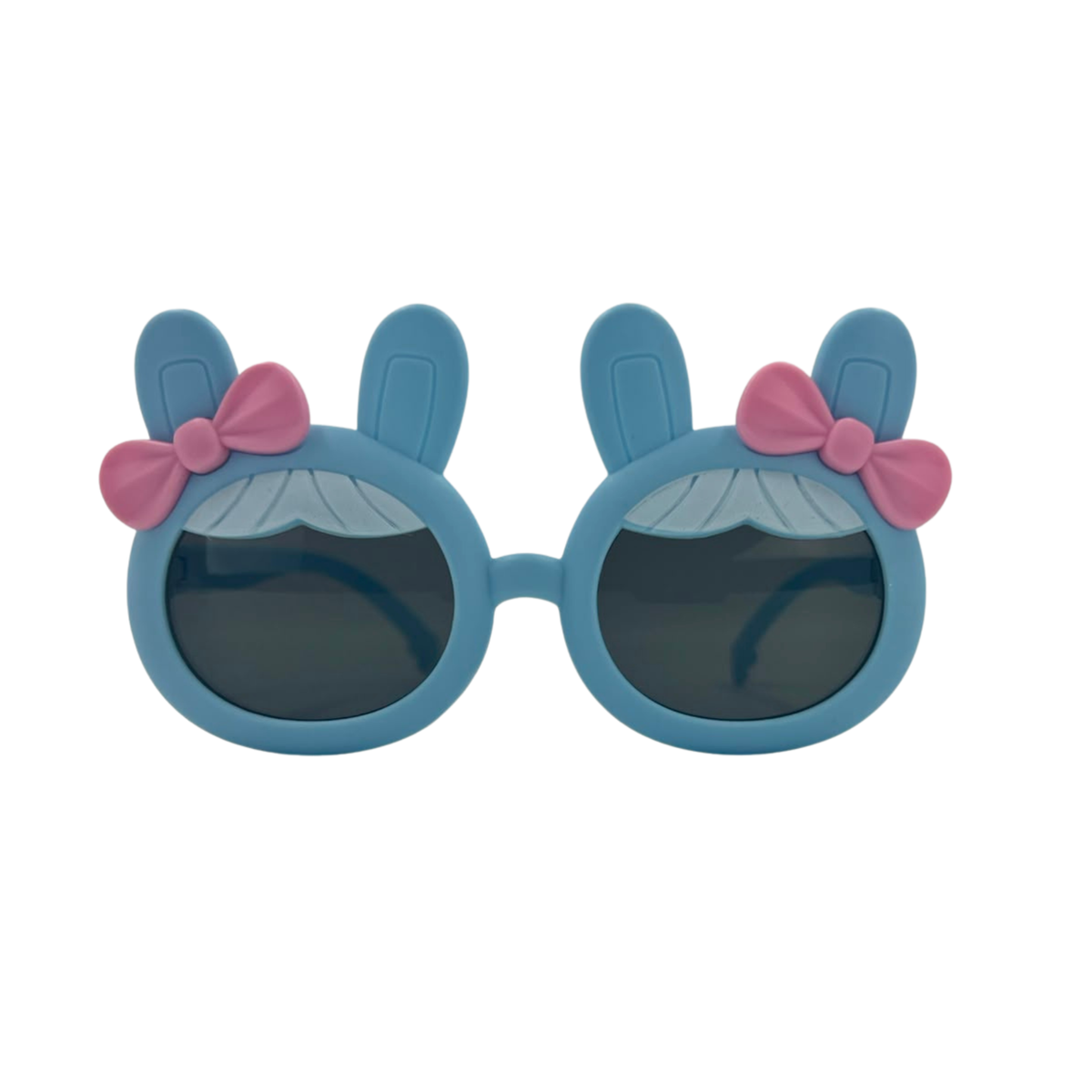 Kids bunny-ear bow sunglasses, light blue frames with pink bow, dark lenses