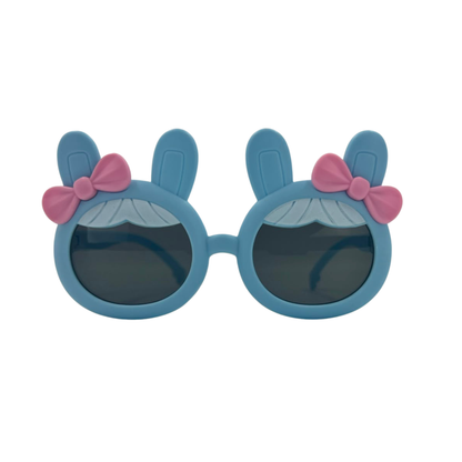 Kids bunny-ear bow sunglasses, light blue frames with pink bow, dark lenses