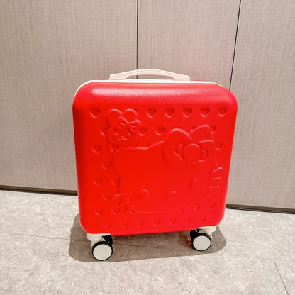 Red 20-inch hard-shell suitcase with embossed Hello Kitty design and white top handle, rolling wheels