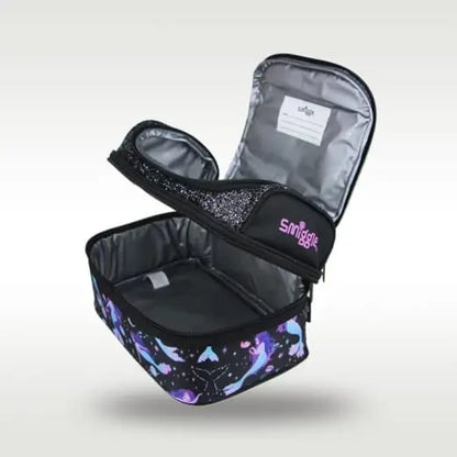 Black mermaid lunch bag open, insulated silver interior, padded lining