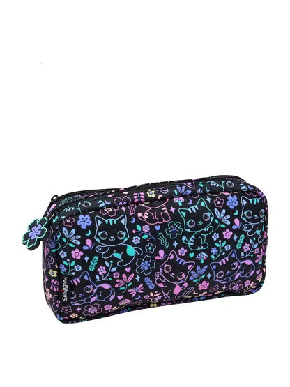 Dark purple zip pencil case with all-over cat and flower pattern