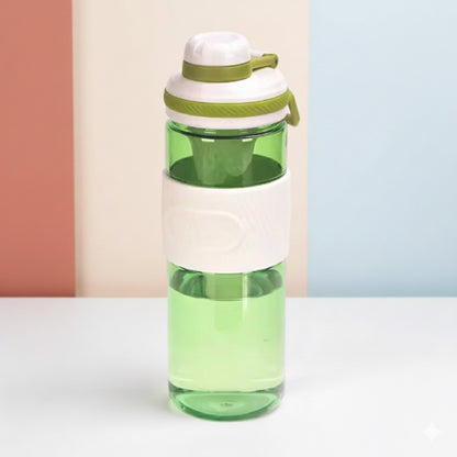 Green and white insulated water bottle with flip-up lid and carry loop