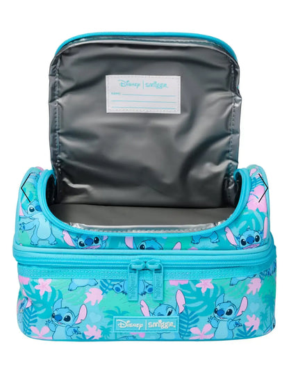 Stitch kids lunch bag with dark interior lining and zip closure, front character print