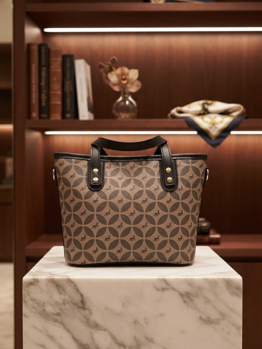 Geometric monogram tote bag with black handles and metal studs at the corners